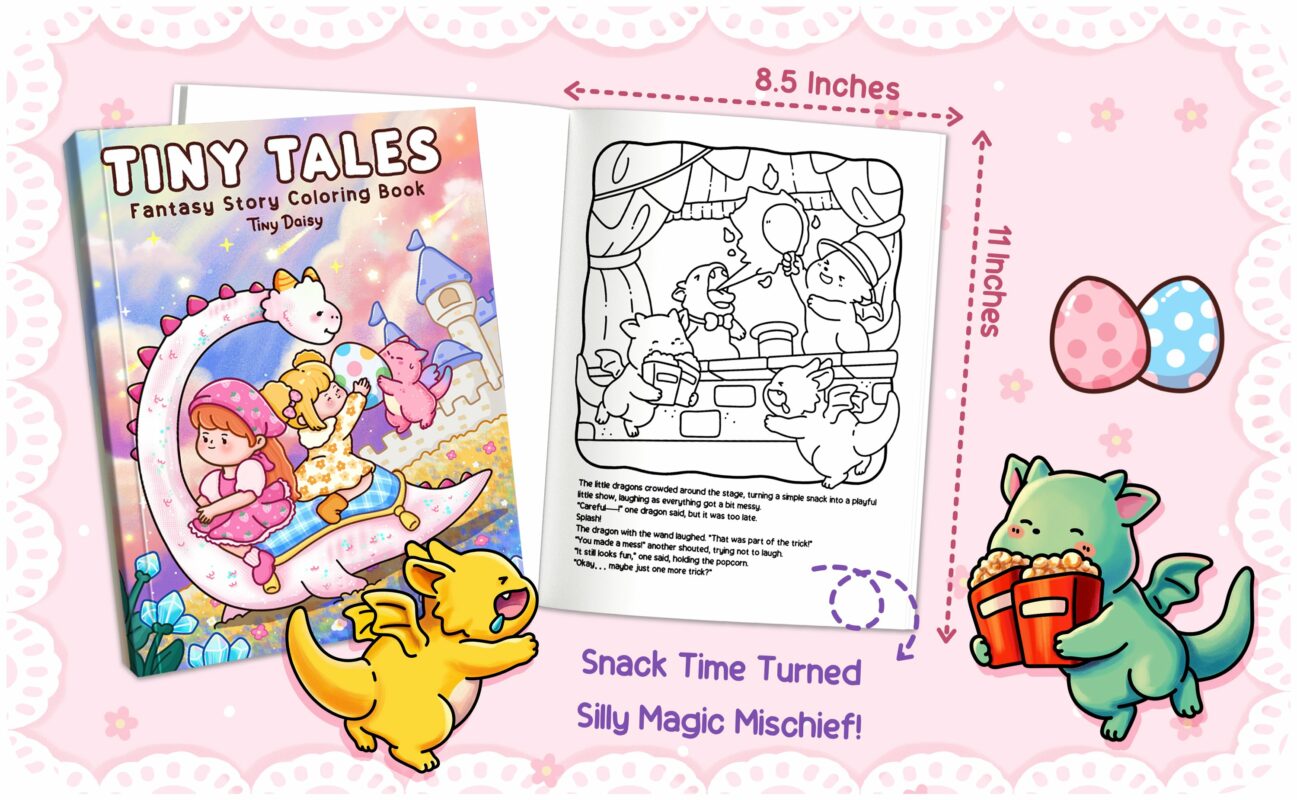 Relaxing fantasy coloring scene with peaceful dragon and girl