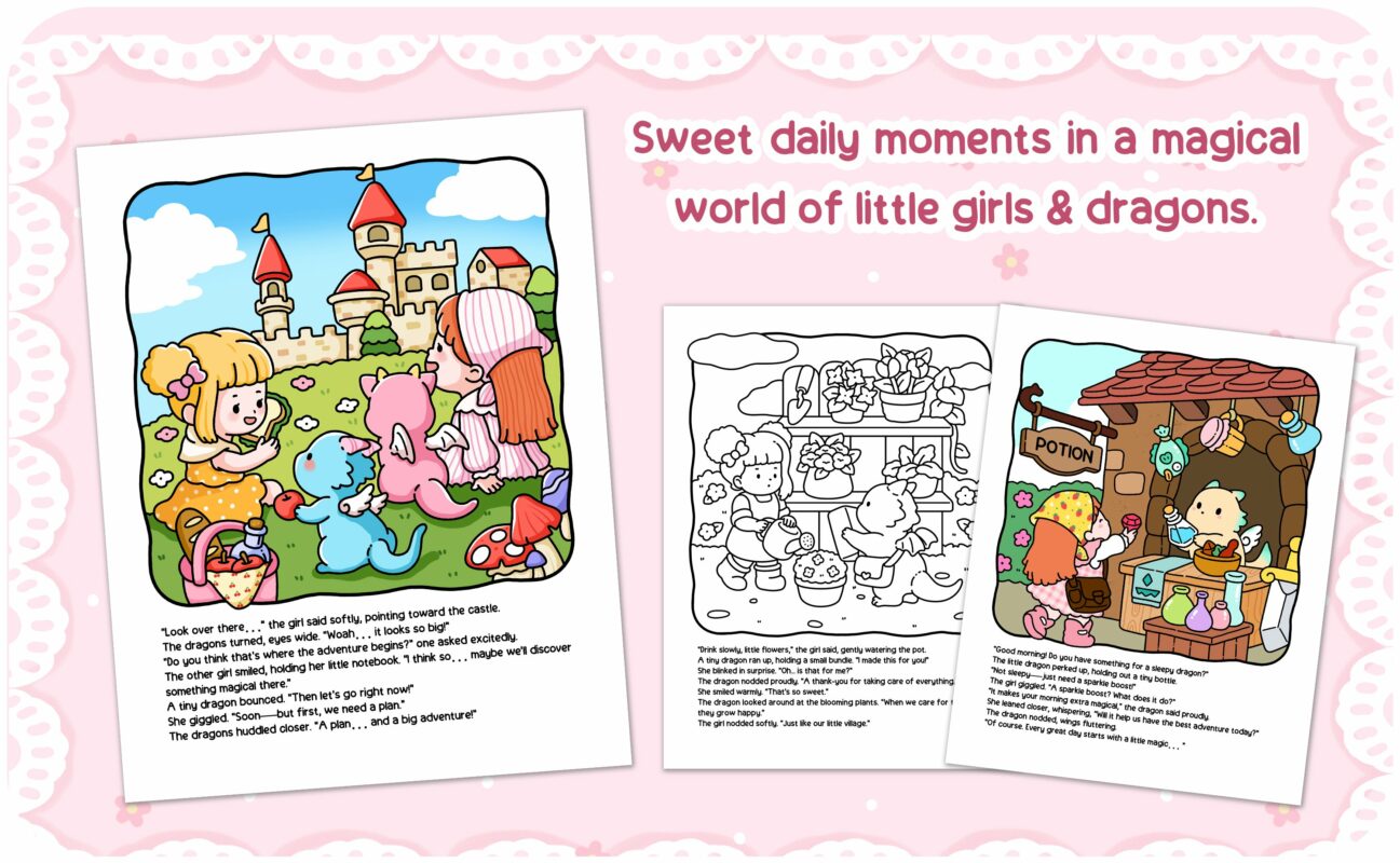 Cozy storytelling fantasy world illustration from Tiny Tales Coloring Book