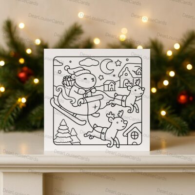 Santa Capybara Sleigh Christmas Colouring Card
