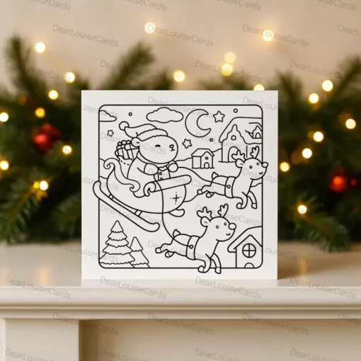 Santa Capybara Sleigh Christmas DIY Colouring Card