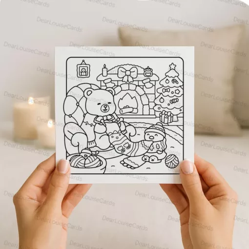 Cosy Bear Fireplace Christmas DIY Colouring Card
