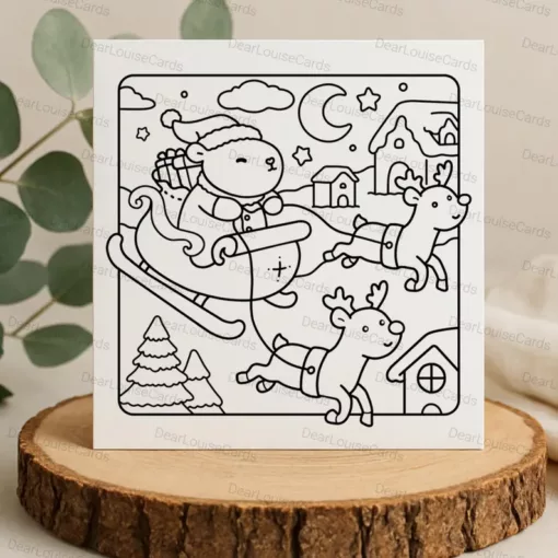 Santa Capybara Sleigh Christmas DIY Colouring Card