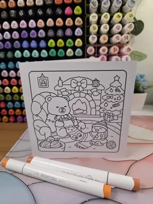 Cosy Bear Fireplace Christmas DIY Colouring Card