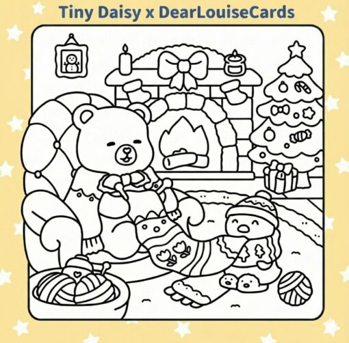 Cosy Bear Fireplace Christmas DIY Colouring Card
