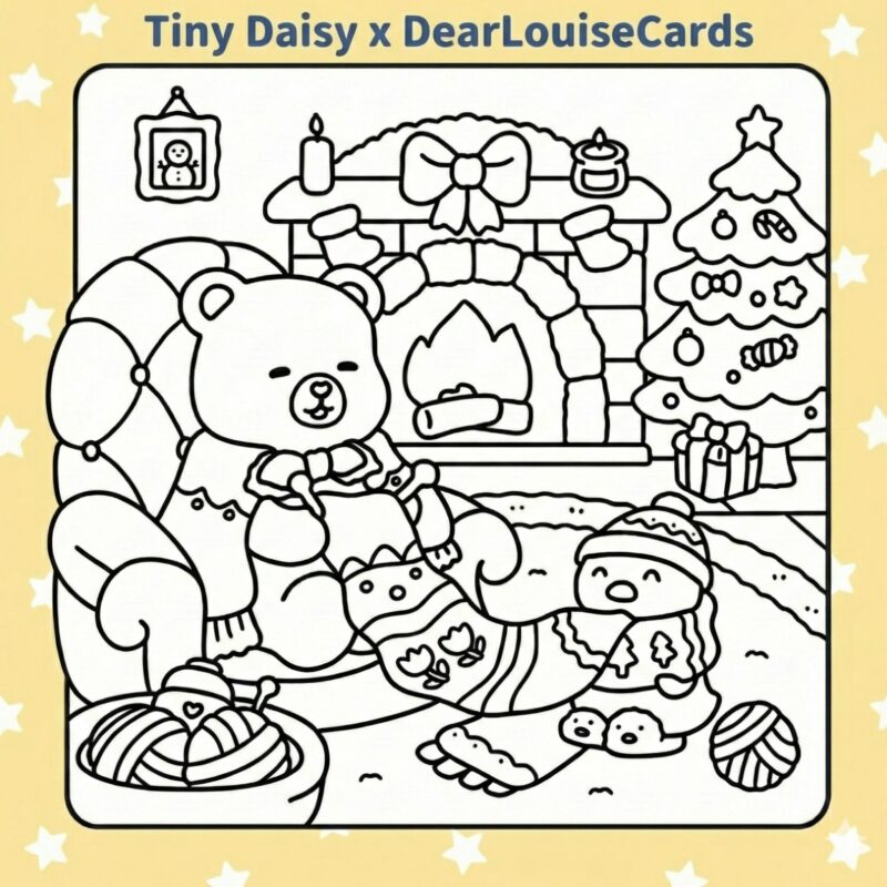 Cosy Bear Fireplace Christmas DIY Colouring Card