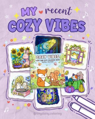 Cozy coloring book for adults featuring cute animal relaxing by the window in cozy vibes style