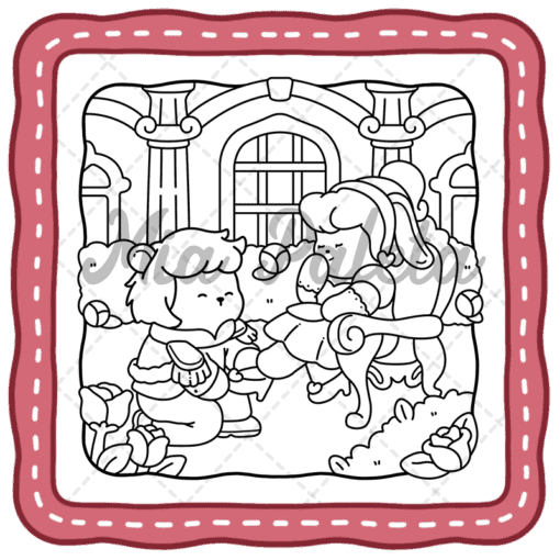 Adorable fuzzy animals sharing a sweet moment in a cozy, detailed coloring scene from the Tiny Daisy Fuzzy Love Story Coloring Book. Perfect for kids and coloring enthusiasts.