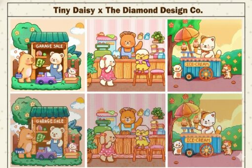 Bright and colorful diamond painting kit featuring adorable fuzzy animal buddies in various scenes. Perfect for kids and craft enthusiasts.