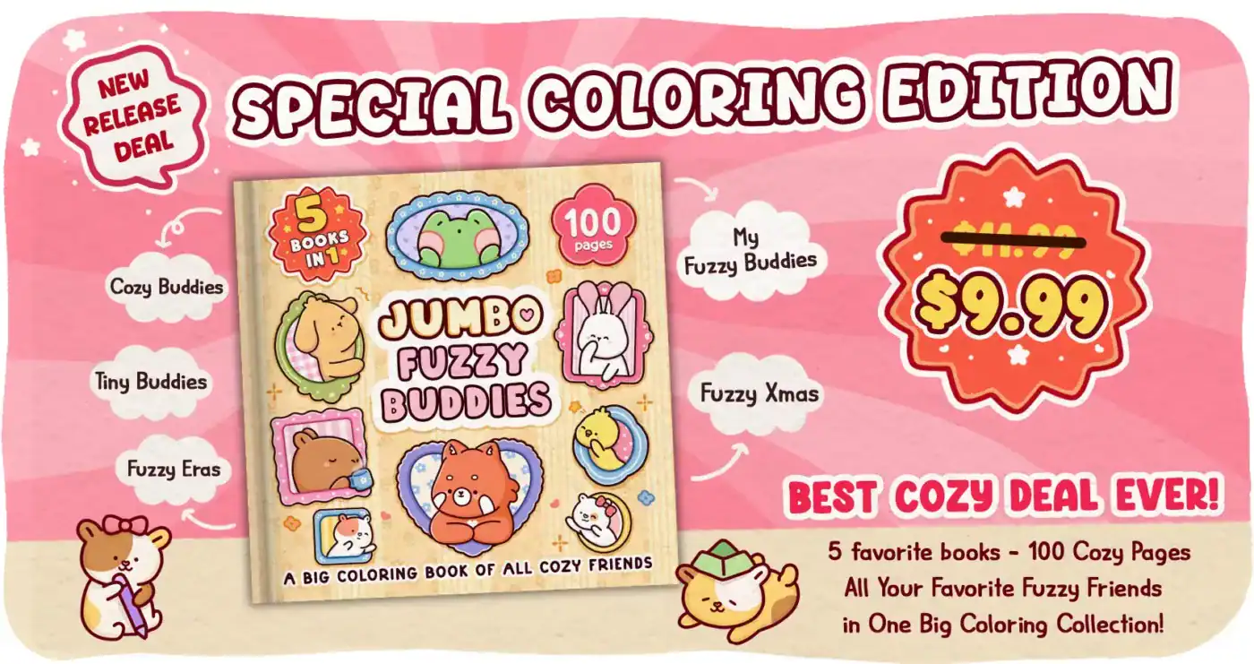 A fun and adorable coloring book featuring fuzzy buddies and cozy friends, perfect for children who love cute animals and creative activities.