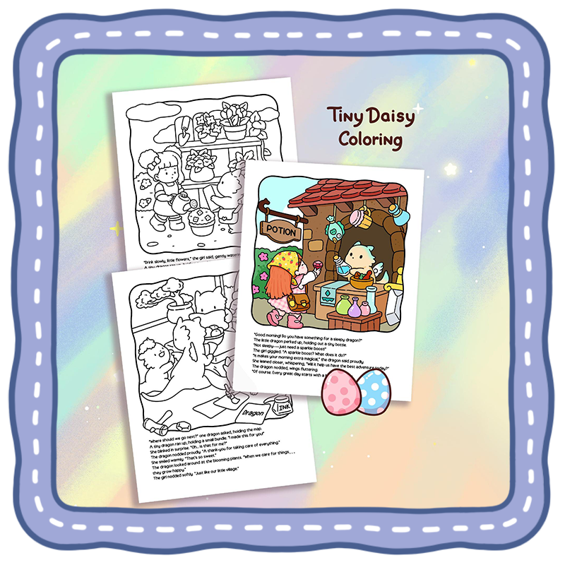 File8585 back cover Tiny Tales – Cozy Fantasy Story Coloring Book (Cover Version 1: Daylight Magic, Size 8.5 x 8.5 inches)