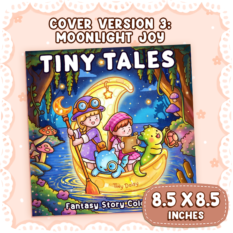 Tiny Tales – Fantasy Story Coloring Book (Cover Version 2: Midnight Dream 8.5 x 8.5 inches)