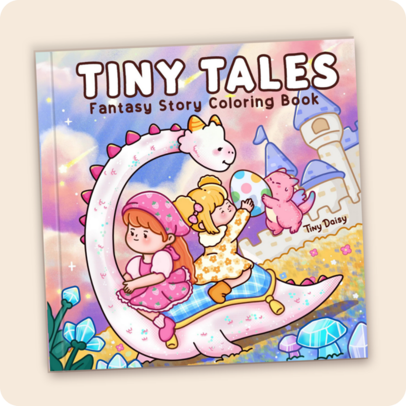 Tiny Tales – Cozy Fantasy Story Coloring Book (Cover Version 1: Daylight Magic, Size 8.5 x 8.5 inches)