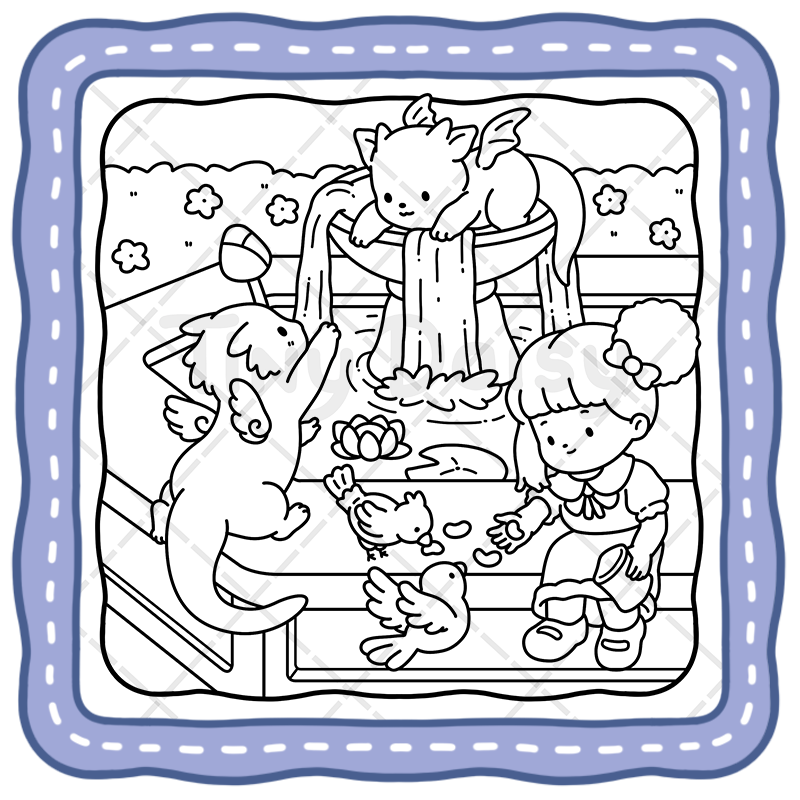 a4 Tiny Tales – Cozy Fantasy Story Coloring Book (Cover Version 1: Daylight Magic, Size 8.5 x 8.5 inches)