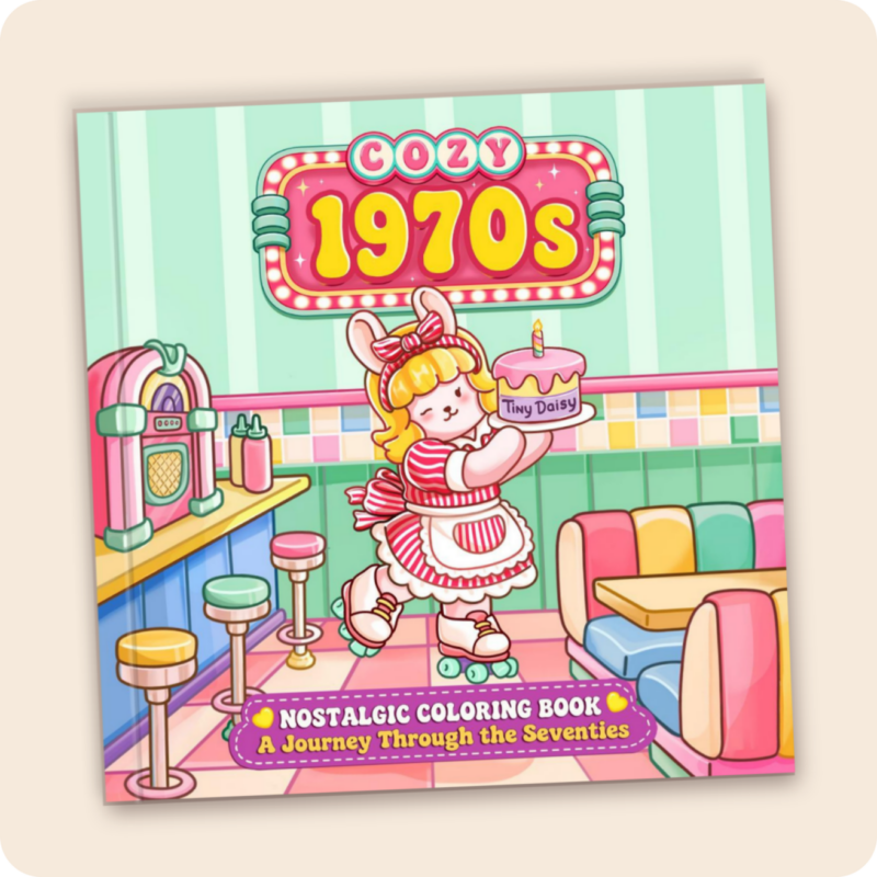 Cozy 1970s Mini Coloring Book: A Pocket-Sized Journey Through Retro Memories ( 6x6 inch) | Sweet Dinner Cover